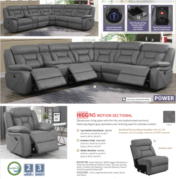 Higgins Upholstered Power Reclining Sectional Sofa Grey