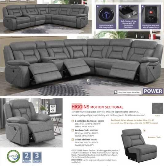 Higgins Upholstered Power Reclining Sectional Sofa Grey